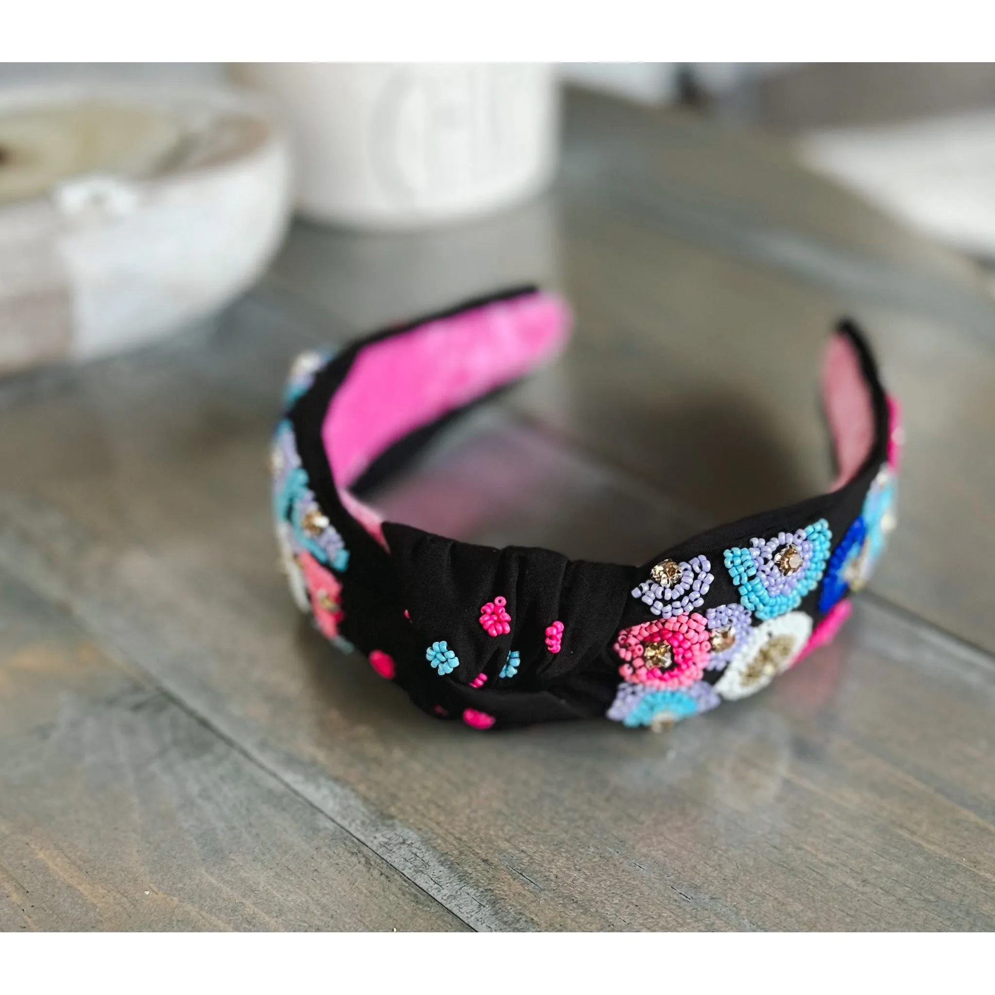 Pink and Blue Embroidered Seed Beaded Top Knot Headband with Rhinestones