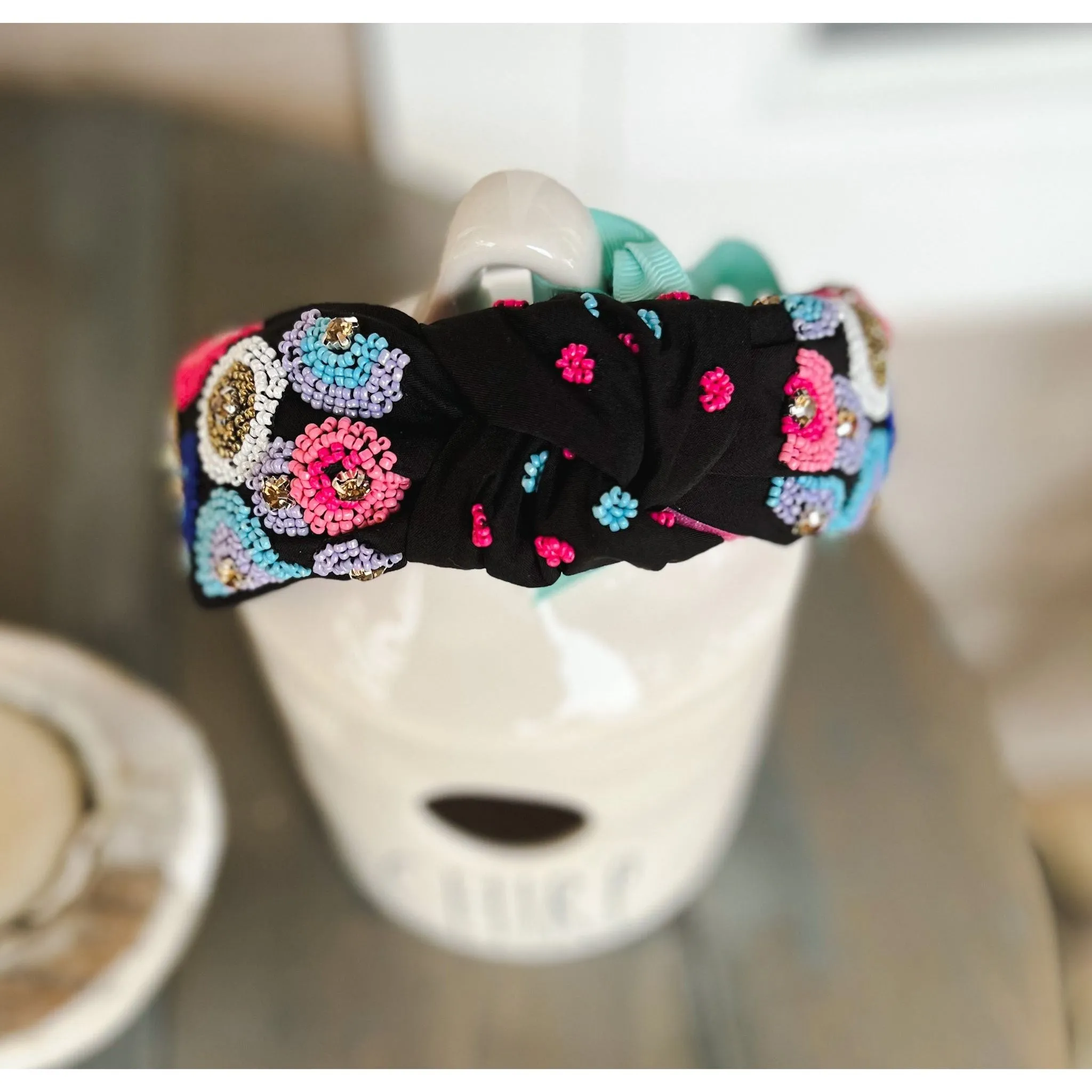 Pink and Blue Embroidered Seed Beaded Top Knot Headband with Rhinestones