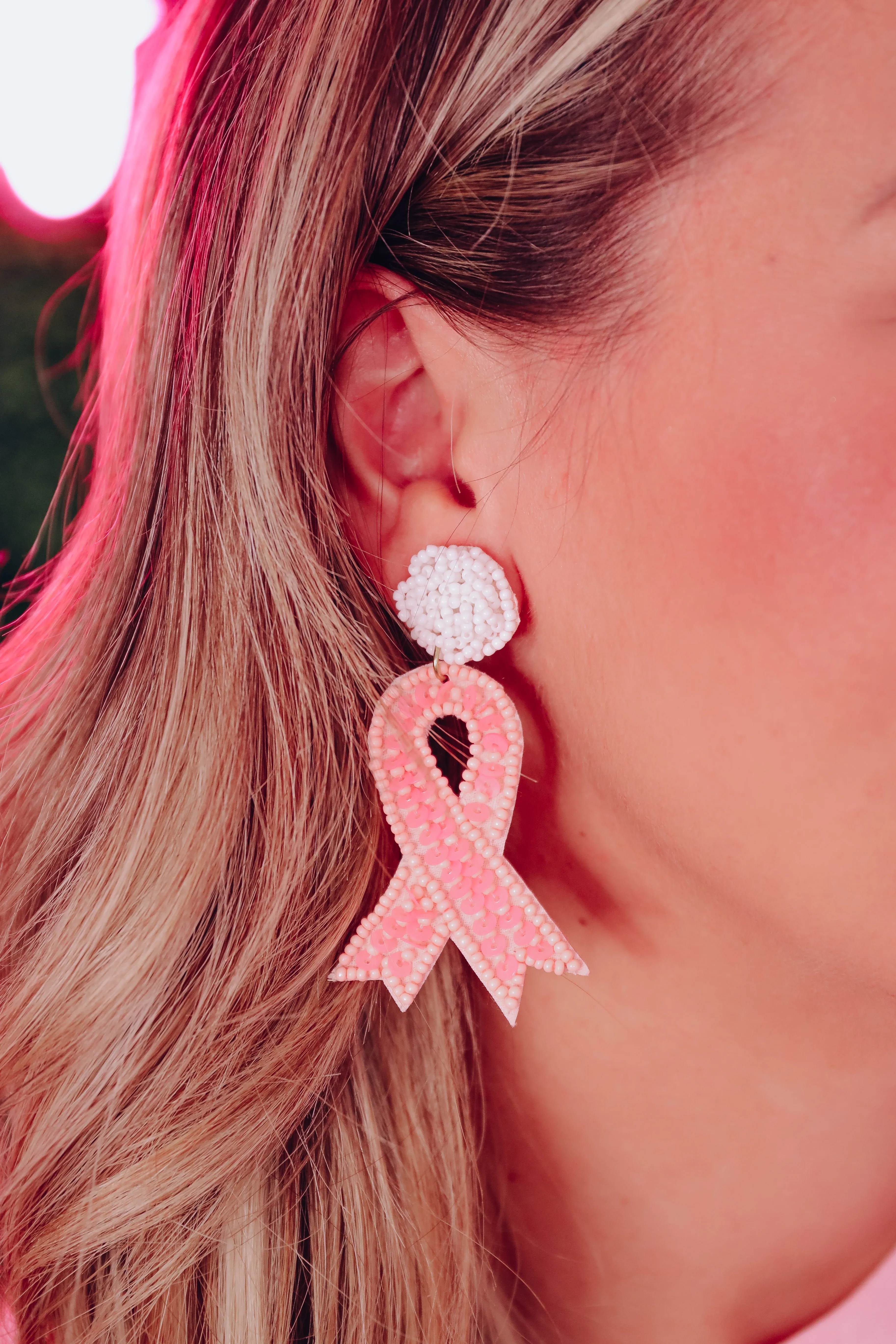 Pink Ribbon Beaded Earrings - White Post