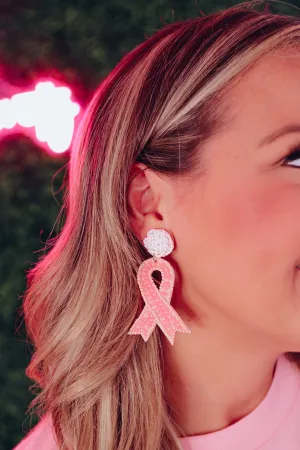 Pink Ribbon Beaded Earrings - White Post