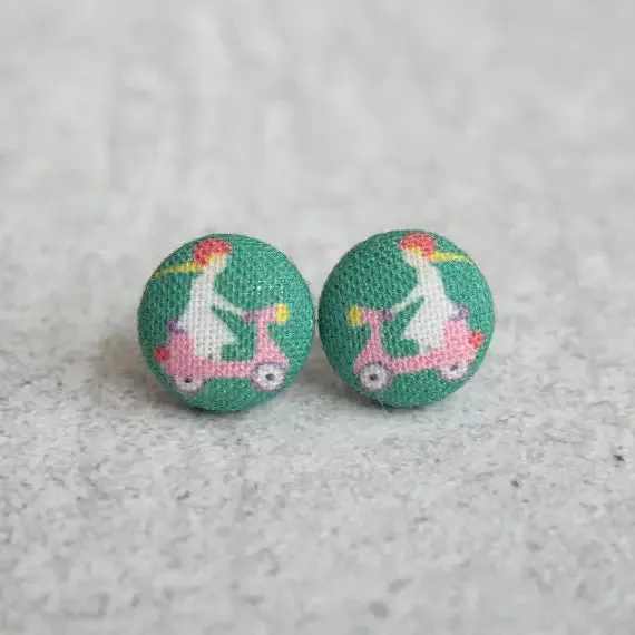 Pink Scooter Fabric Covered Button Earrings