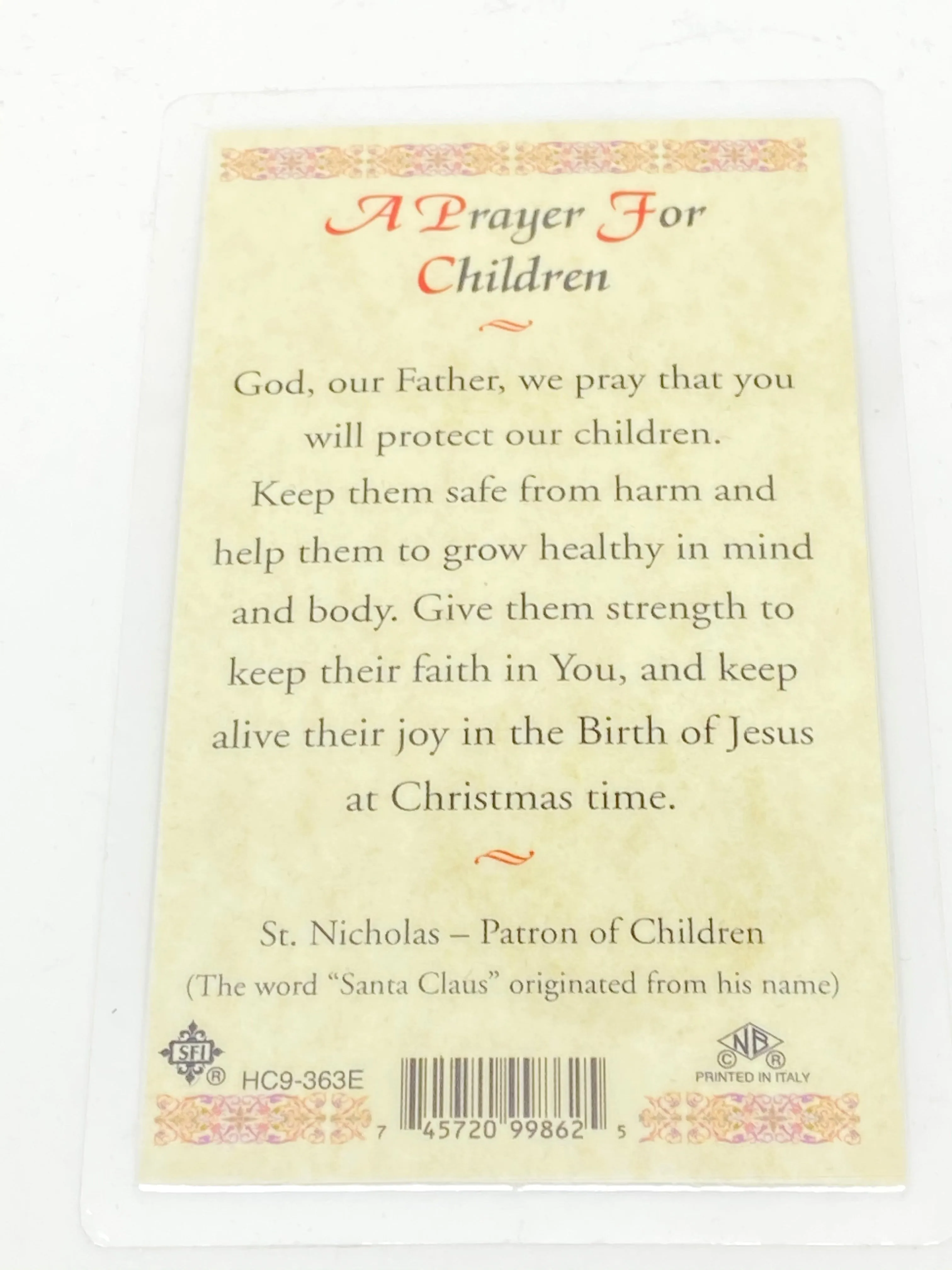Prayer for Children Laminated Holy Card (Plastic Covered)