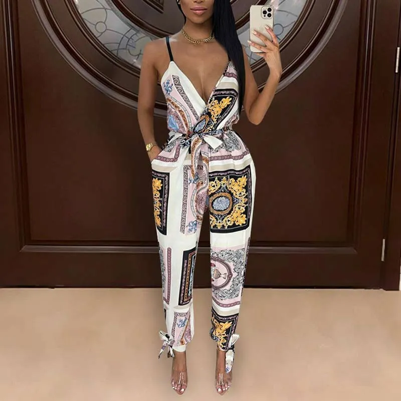 Print Sleeveless Deep V-Neck Tied Jumpsuit