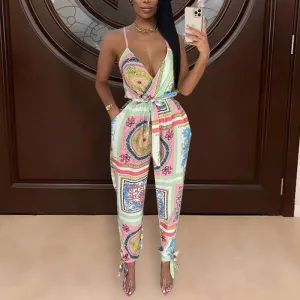 Print Sleeveless Deep V-Neck Tied Jumpsuit