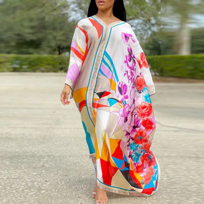 Print V-Neck Long Sleeve Loose Dress