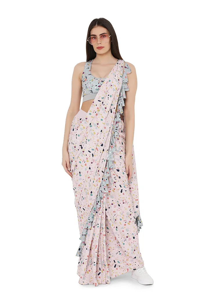 PRINTED GREEN & PINK STITCHED SAREE