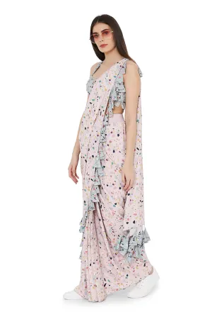 PRINTED GREEN & PINK STITCHED SAREE