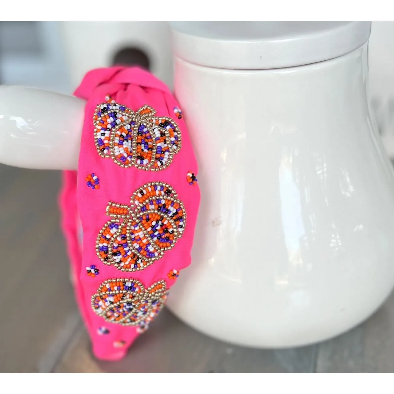 Pumpkin Confetti Pink Beaded Headband.