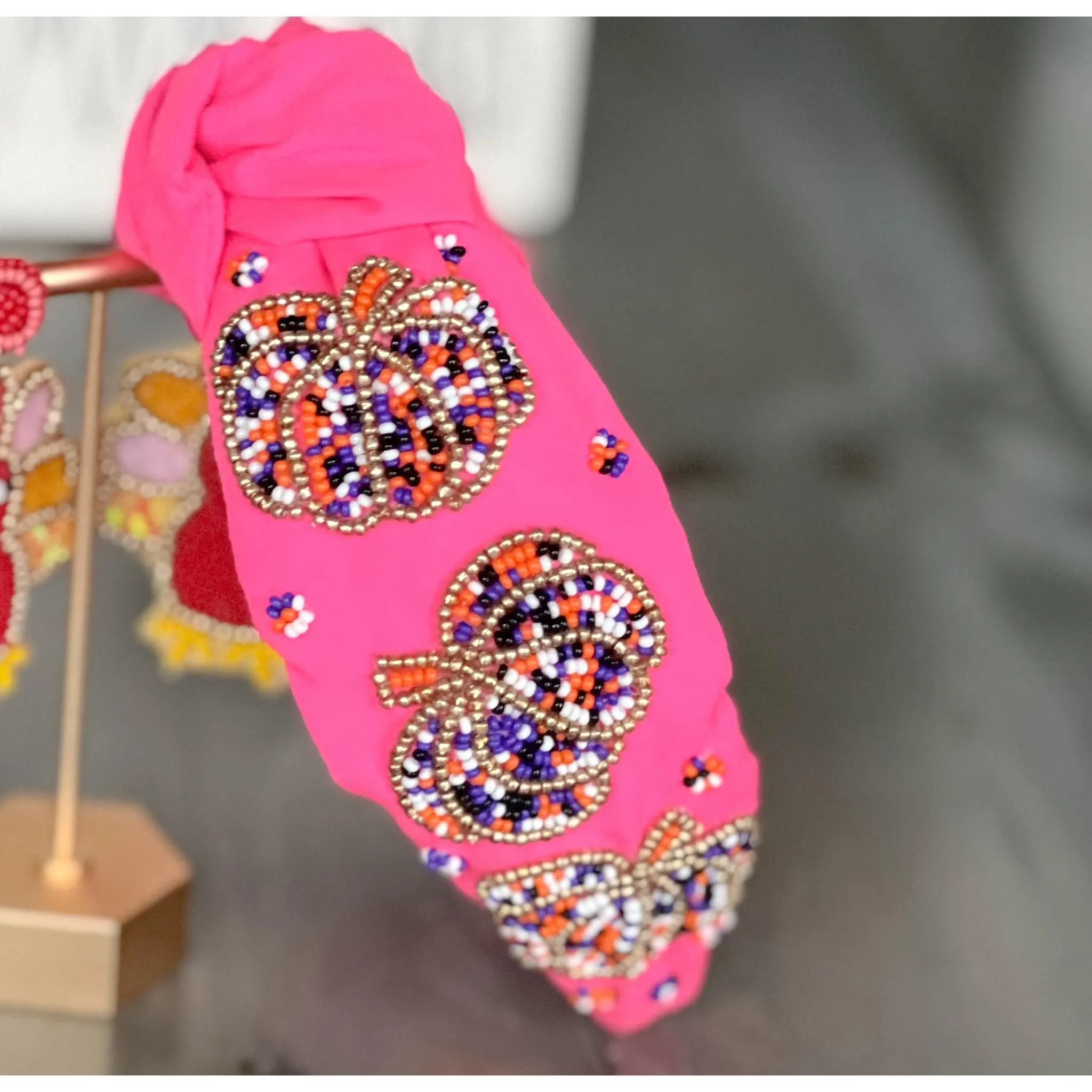 Pumpkin Confetti Pink Beaded Headband.