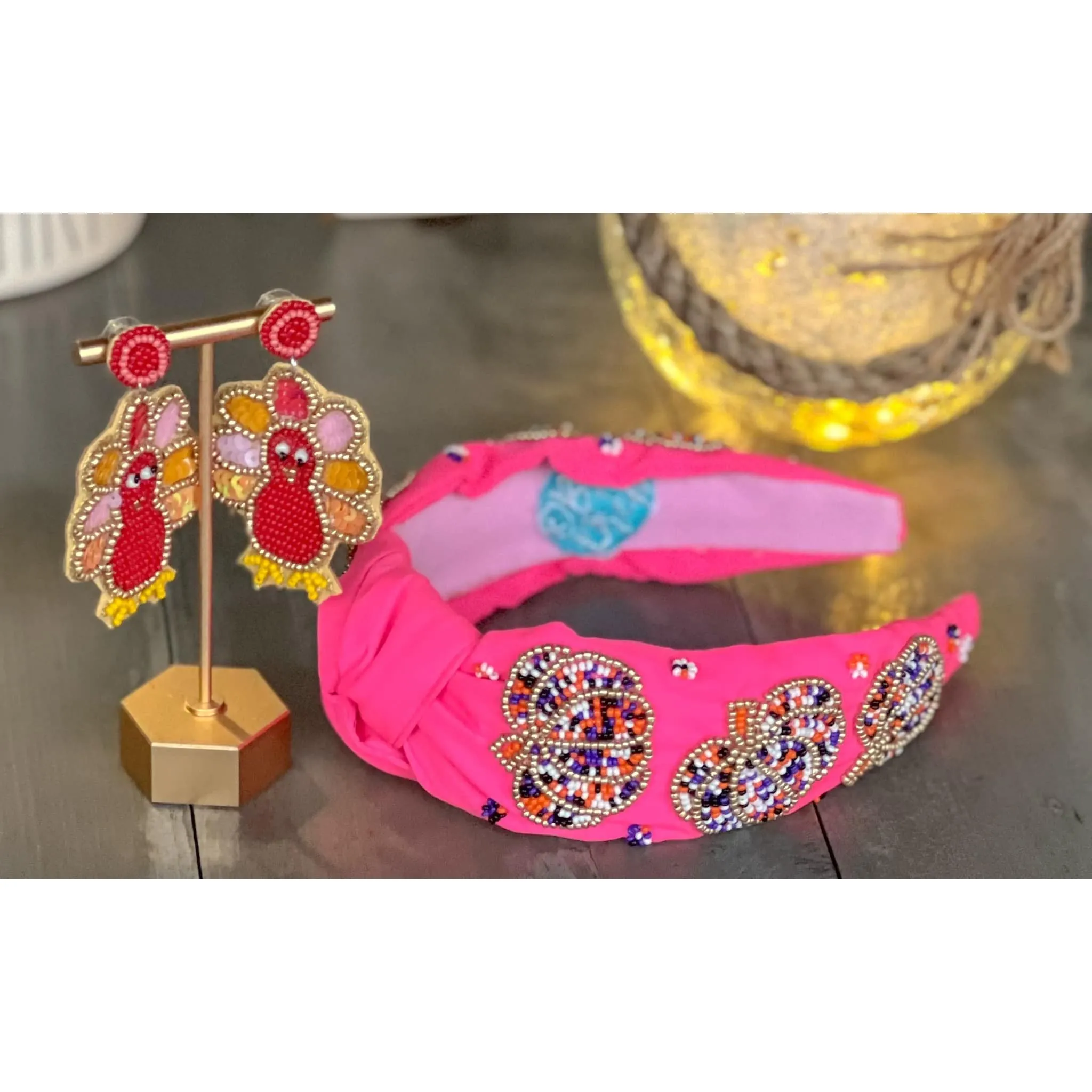 Pumpkin Confetti Pink Beaded Headband.