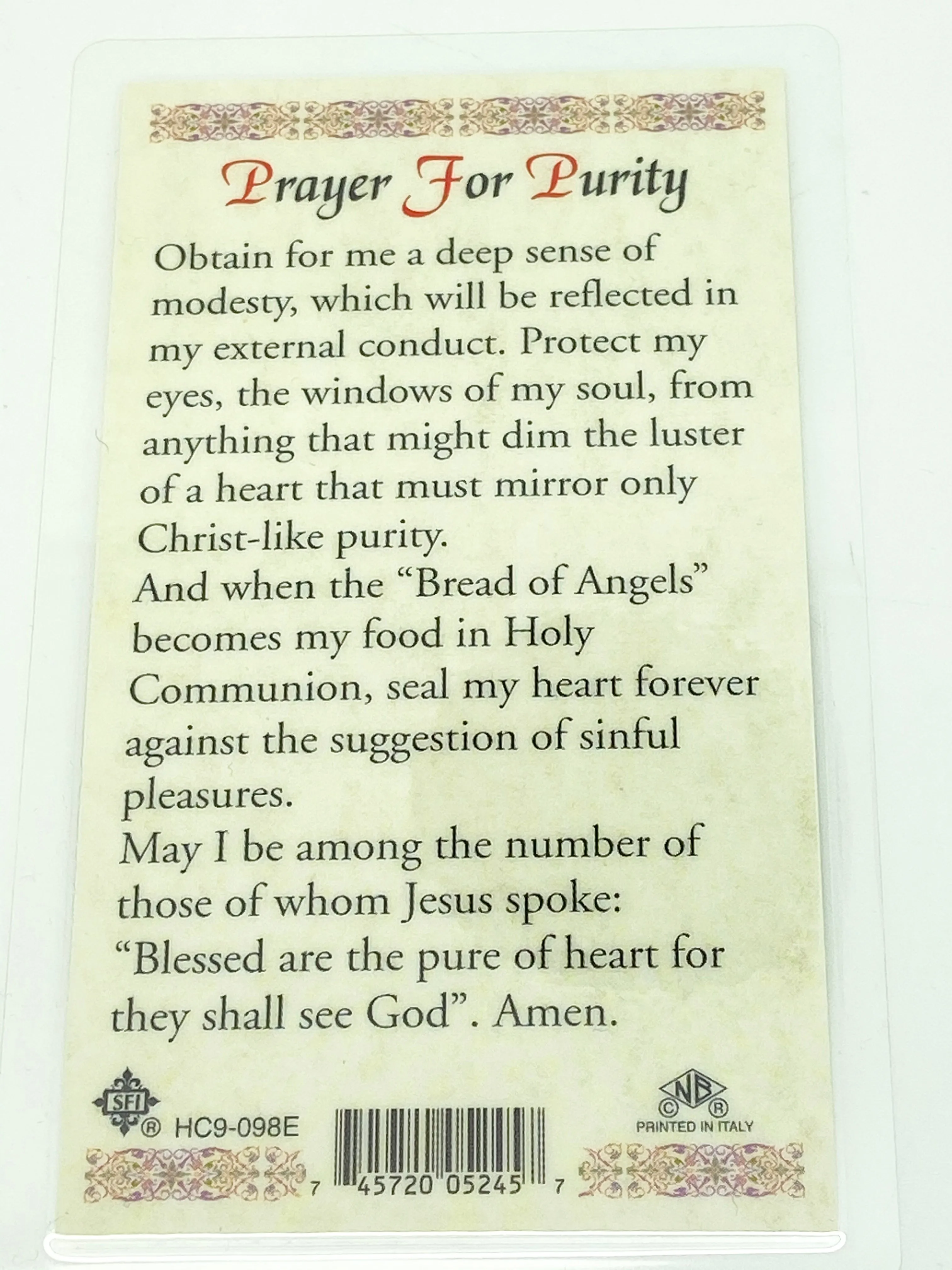 Purity Laminated Holy Card (Plastic Covered)