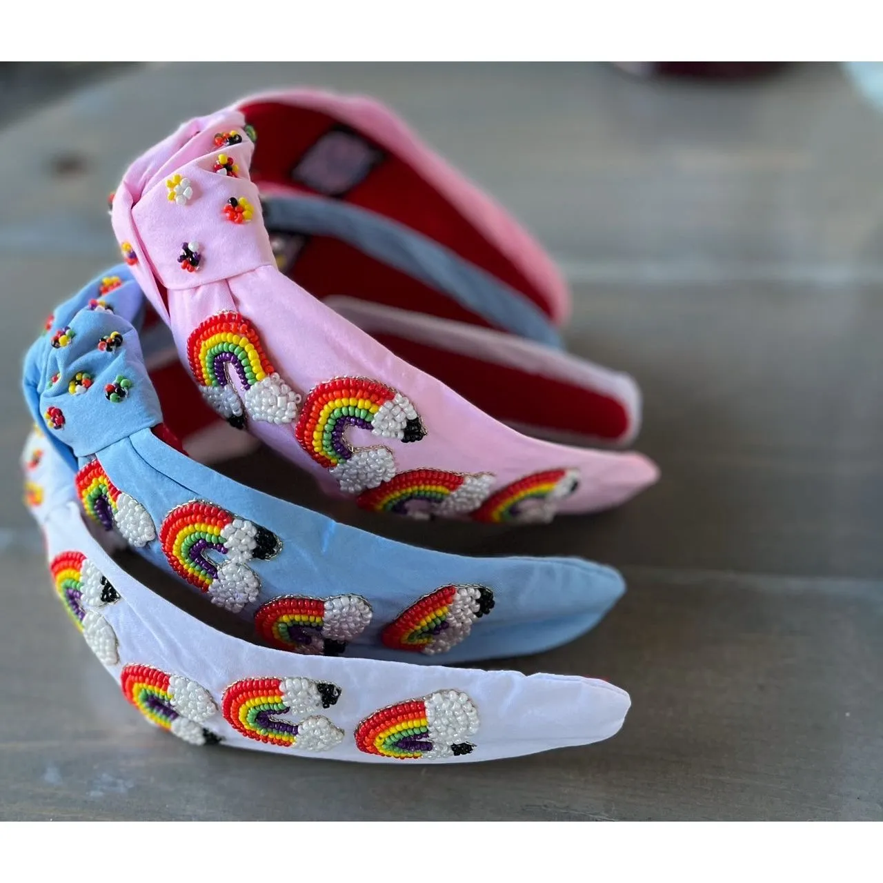 Rainbow Pencil Teachers Seed Beaded Hearts Top Knot Headband.