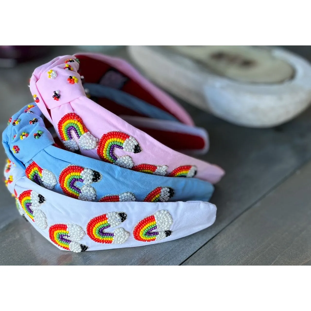 Rainbow Pencil Teachers Seed Beaded Hearts Top Knot Headband.