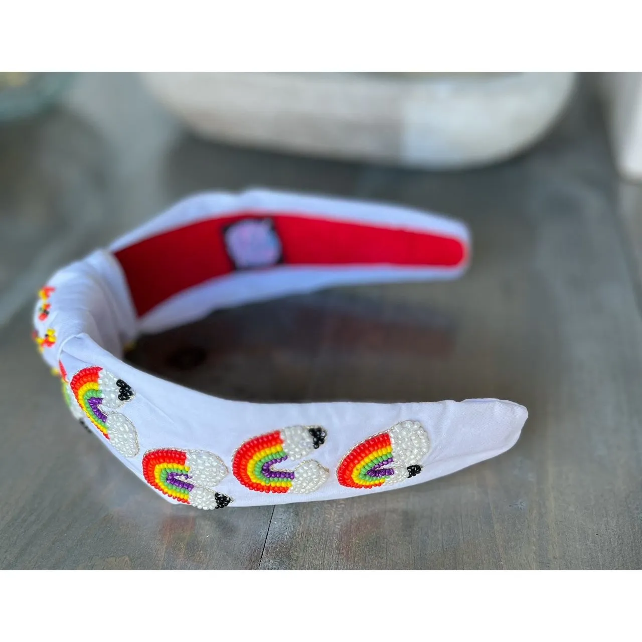 Rainbow Pencil Teachers Seed Beaded Hearts Top Knot Headband.