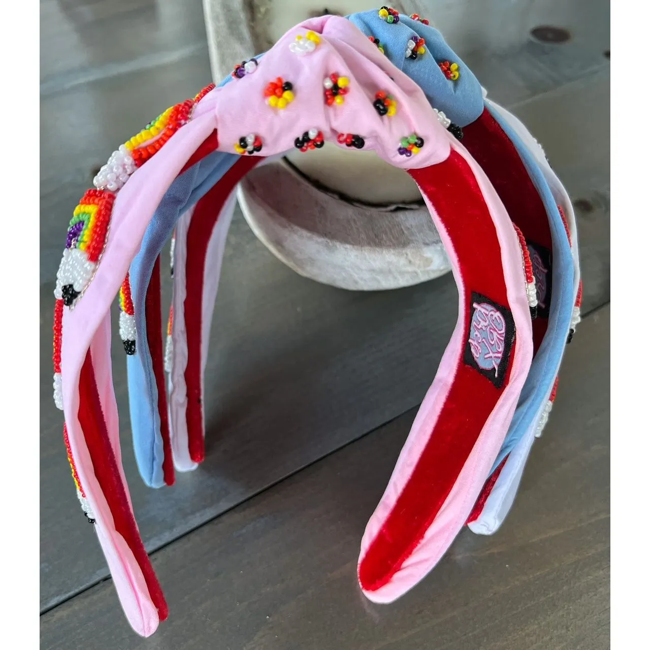 Rainbow Pencil Teachers Seed Beaded Hearts Top Knot Headband.