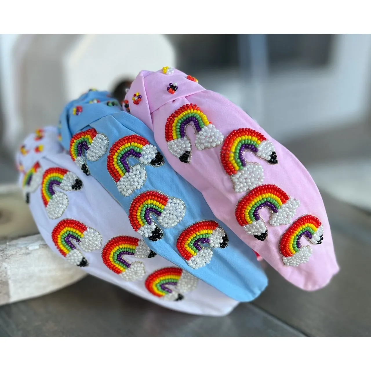 Rainbow Pencil Teachers Seed Beaded Hearts Top Knot Headband.