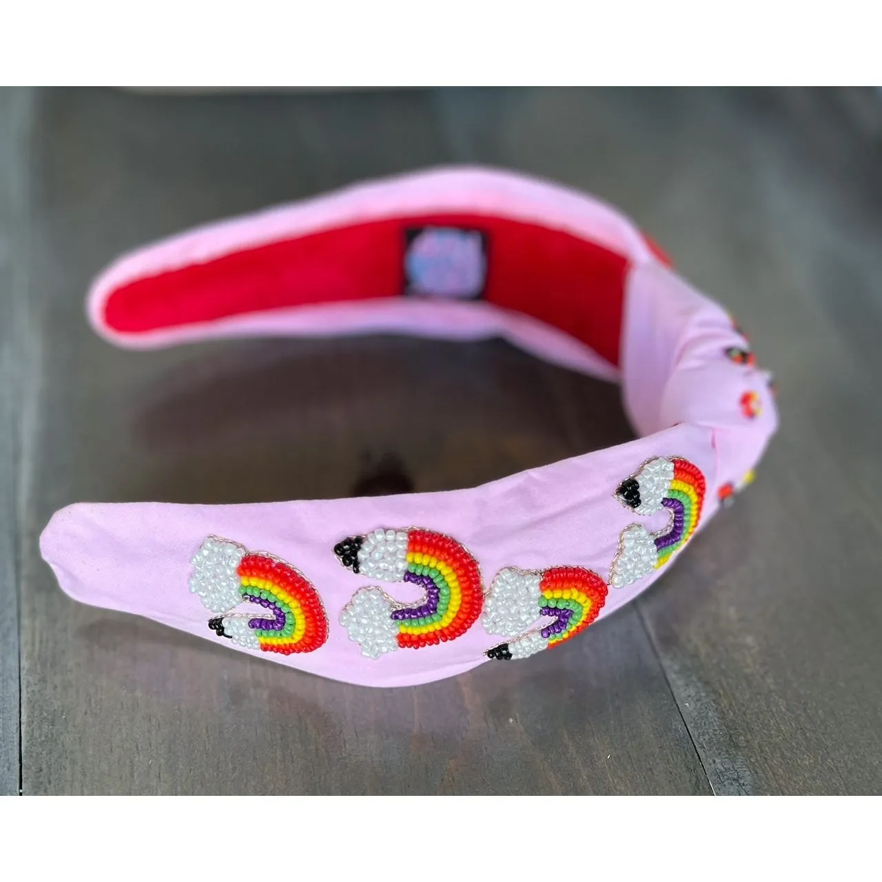 Rainbow Pencil Teachers Seed Beaded Hearts Top Knot Headband.