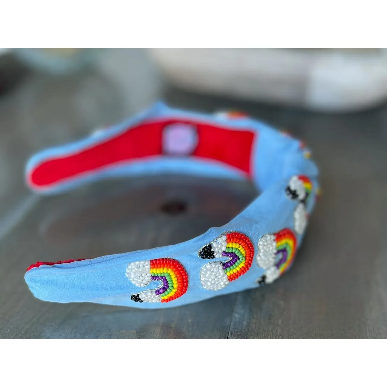Rainbow Pencil Teachers Seed Beaded Hearts Top Knot Headband.