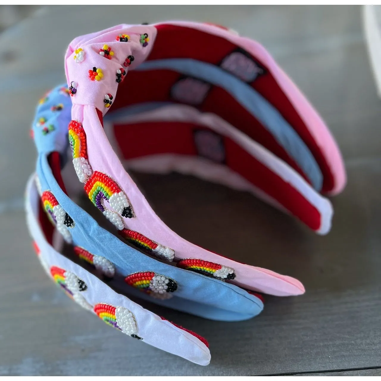 Rainbow Pencil Teachers Seed Beaded Hearts Top Knot Headband.