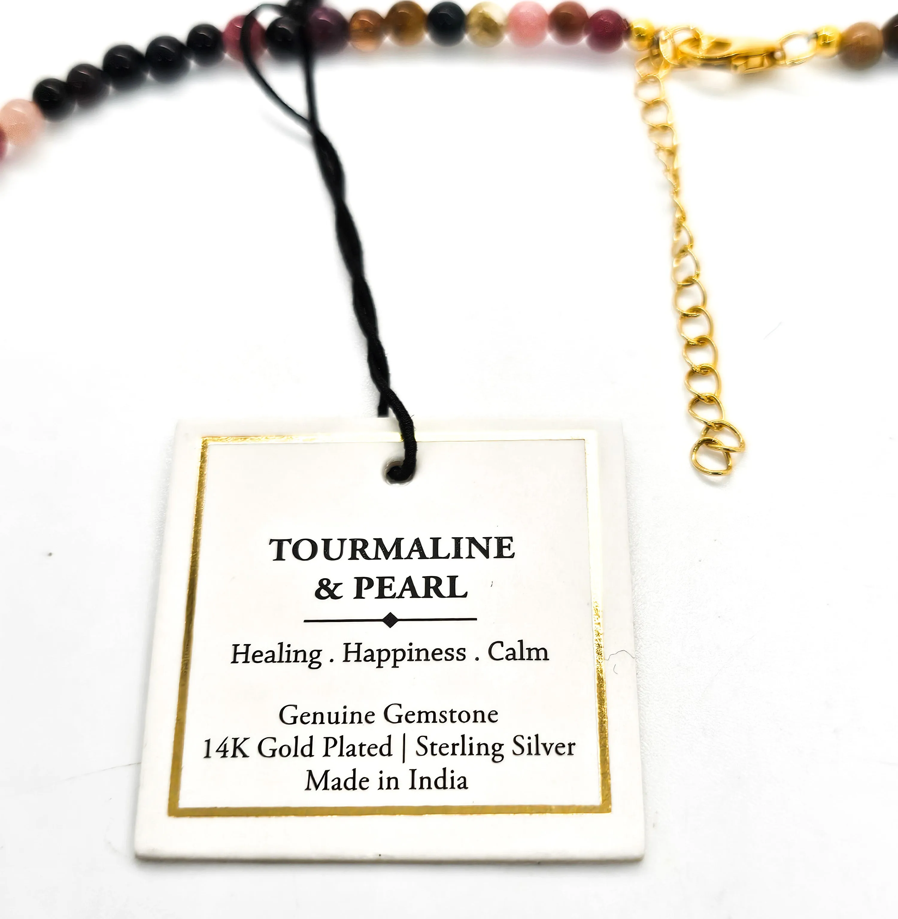 Rainbow Tourmaline pink pearl beaded gemstone 14k gold plated sterling silver necklace