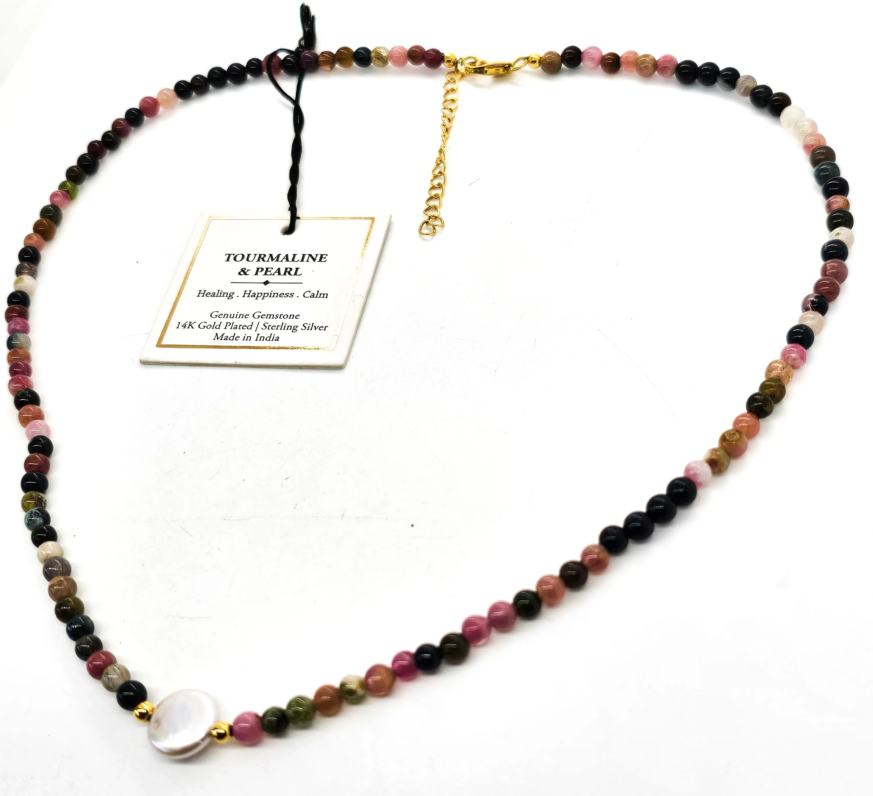 Rainbow Tourmaline pink pearl beaded gemstone 14k gold plated sterling silver necklace