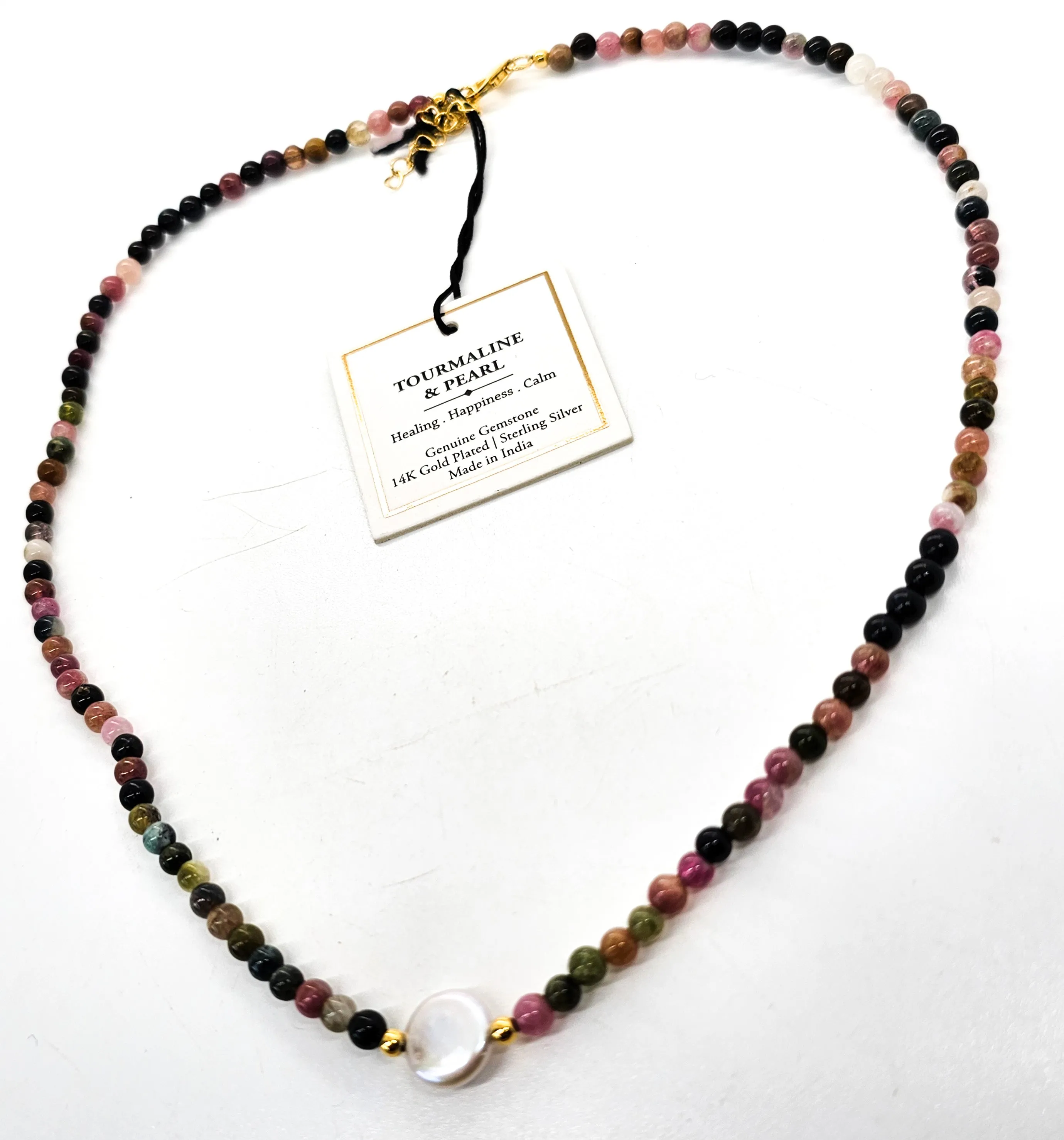 Rainbow Tourmaline pink pearl beaded gemstone 14k gold plated sterling silver necklace