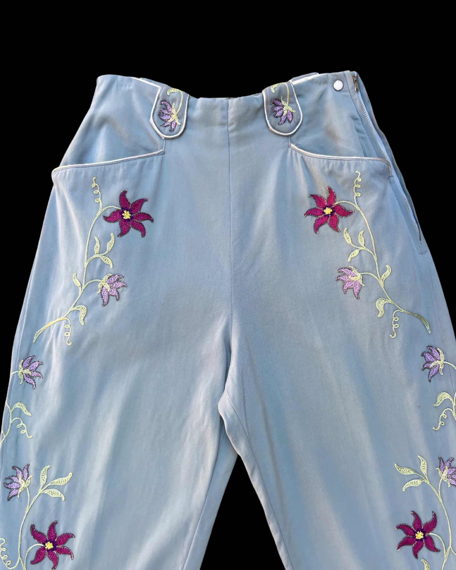 RARE 1940s-1950s Side Zip Slate Blue Western Butterfly Chain Stitched/ Rhinestone Pants
