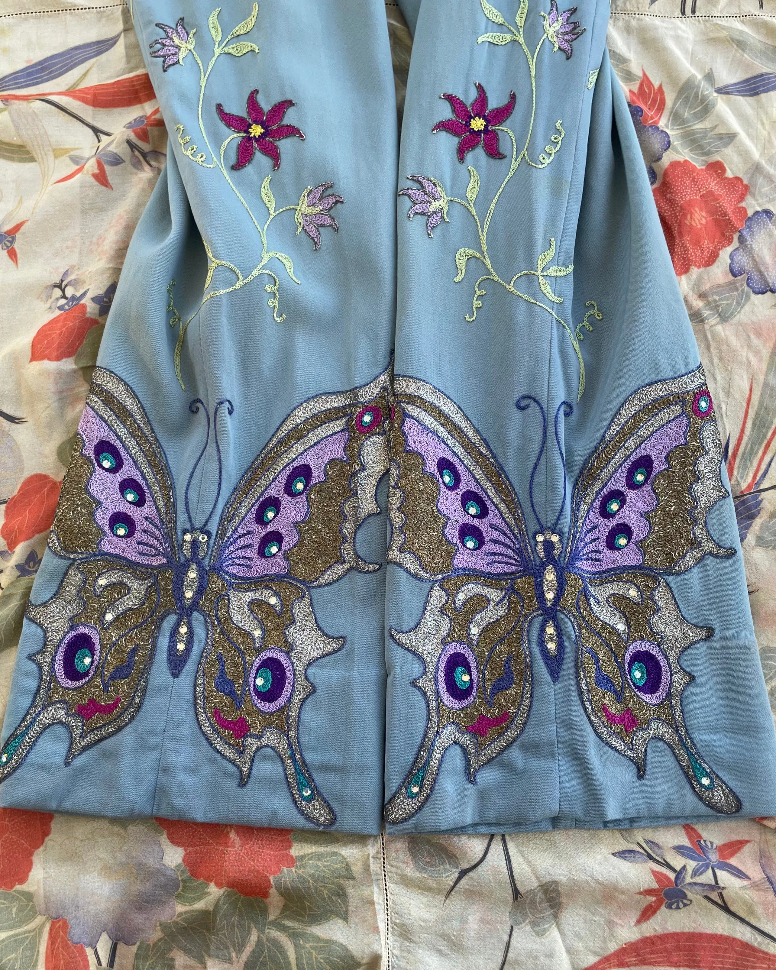 RARE 1940s-1950s Side Zip Slate Blue Western Butterfly Chain Stitched/ Rhinestone Pants