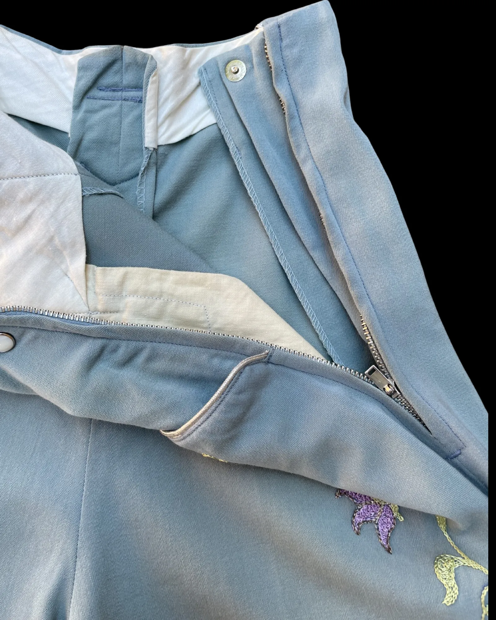 RARE 1940s-1950s Side Zip Slate Blue Western Butterfly Chain Stitched/ Rhinestone Pants