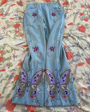 RARE 1940s-1950s Side Zip Slate Blue Western Butterfly Chain Stitched/ Rhinestone Pants