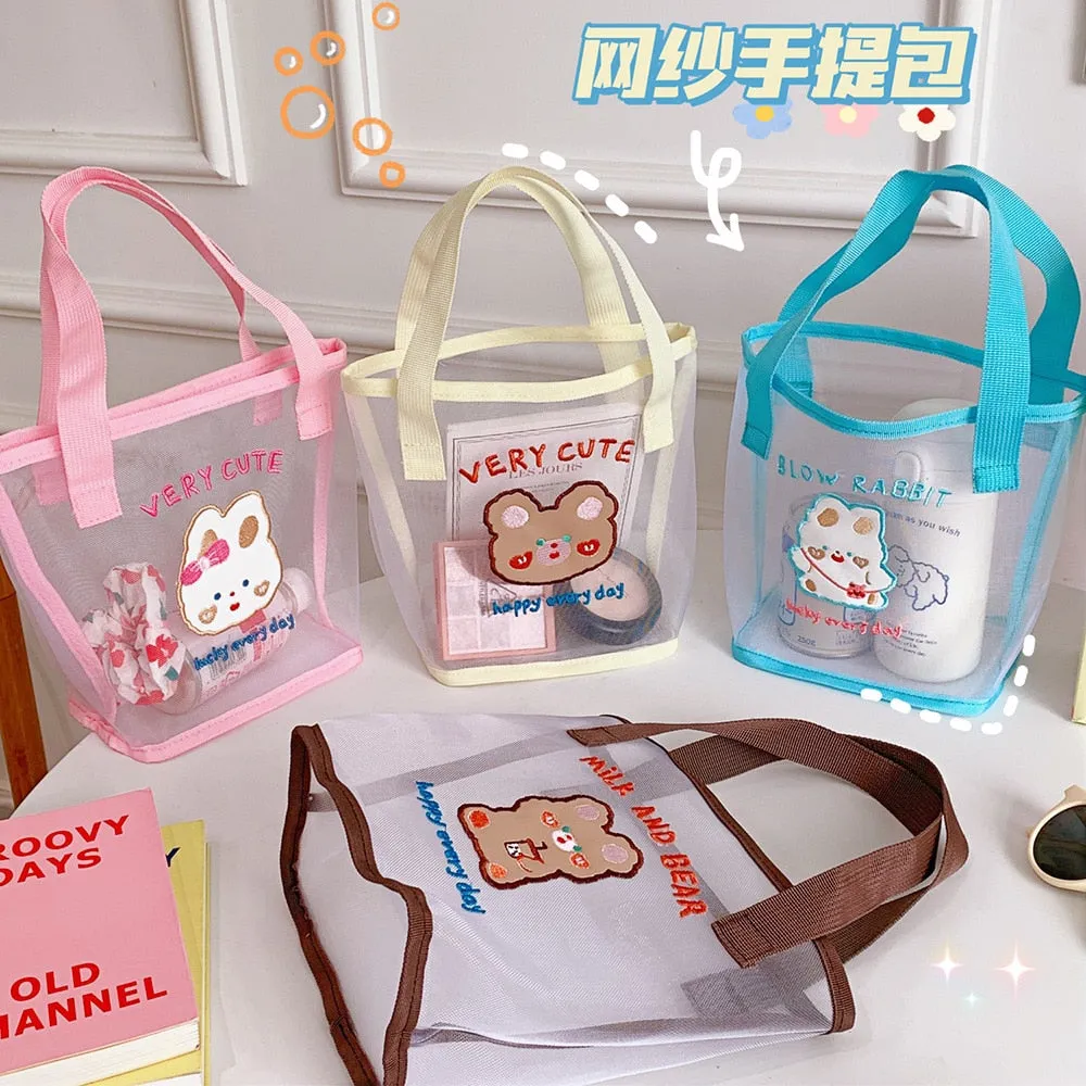 Realaiot Women Korean Bear Rabbit Mesh Handbag Totes Girls Summer Travel Beach Bag Women Shopping Bags Gauze Hand Bags Fashion Tote Bag