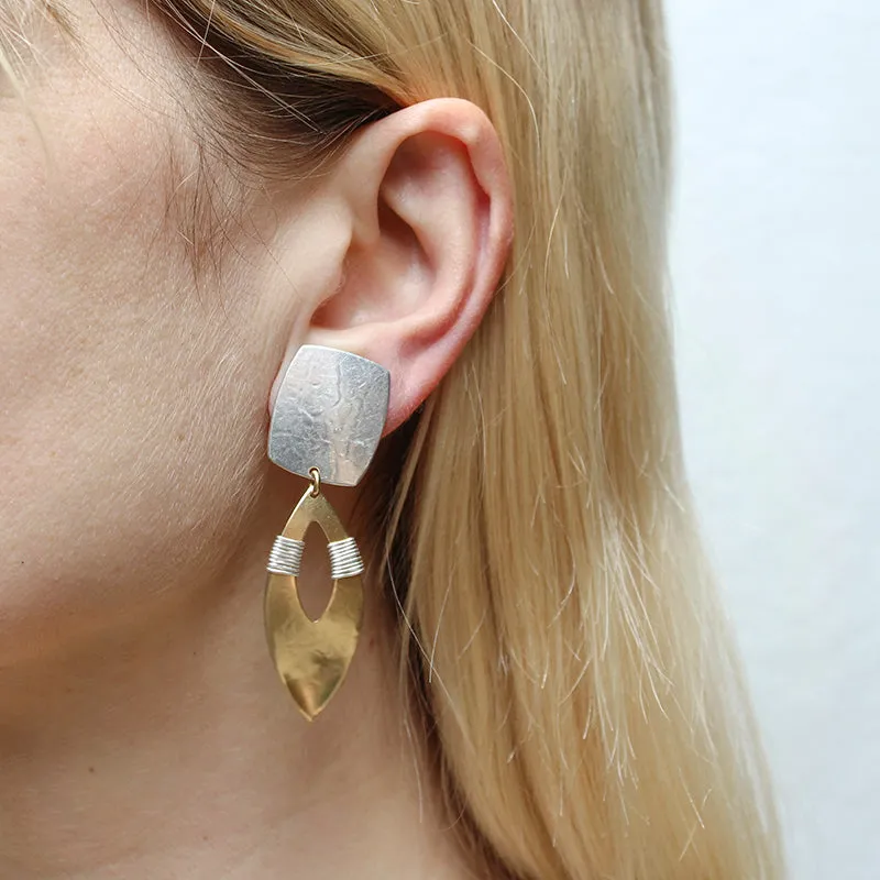 Rectangle with Wire Wrapped Open Leaf Clip or Post Earring