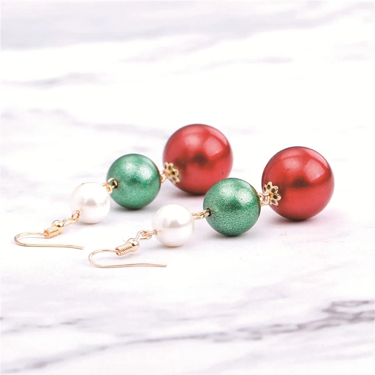 Red Acrylic & Pearl Linked Ball Drop Earrings