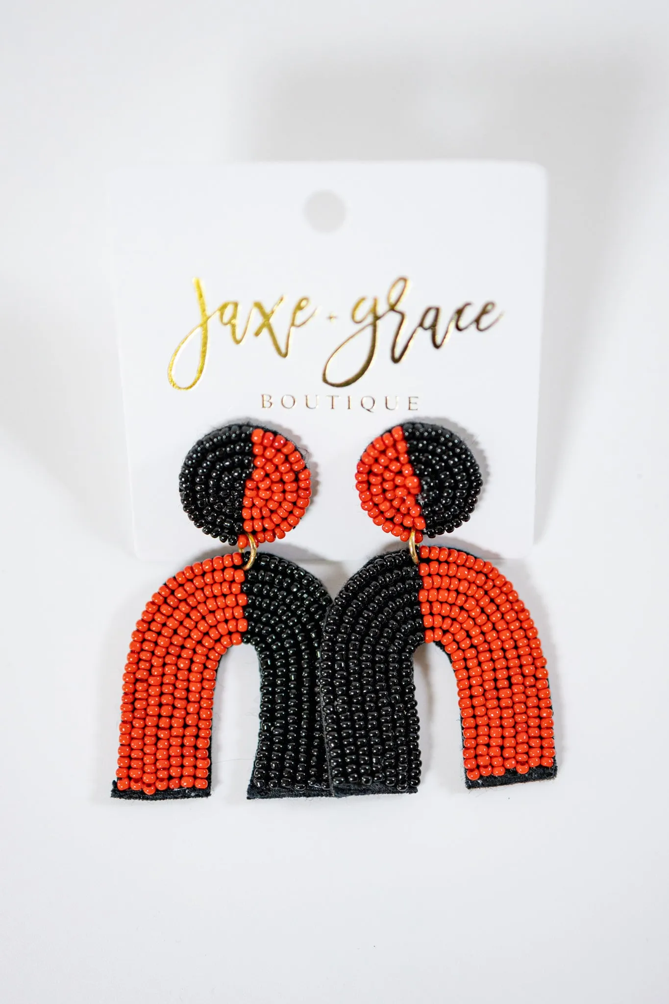 Red and Black Beaded Arch Earrings