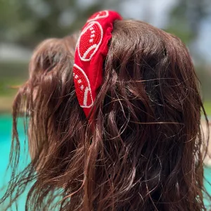 Red Headband with Beaded Footballs