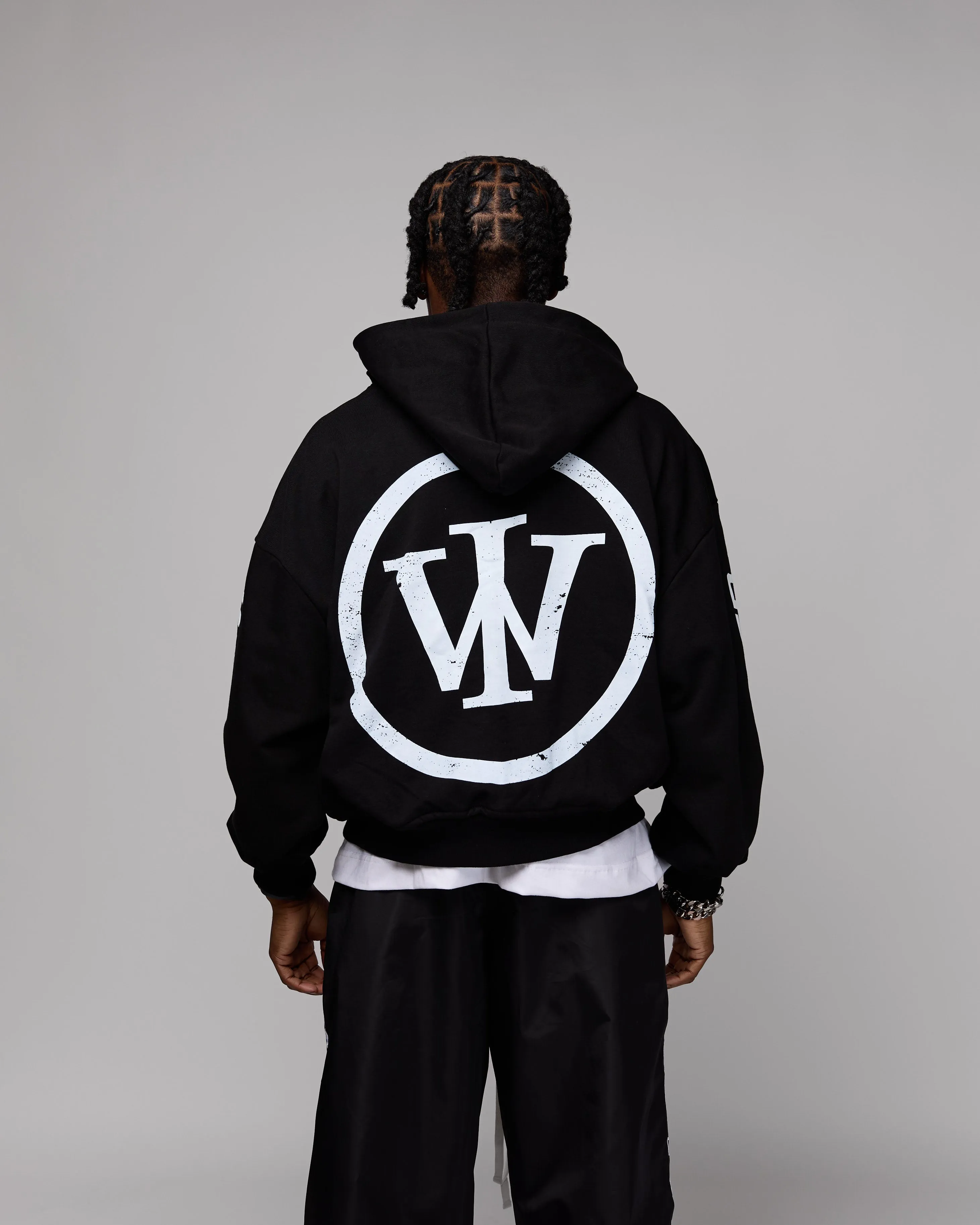 Retro Cropped Zip-Up Hoodie (Heather Black/White) [Boxy   Oversized]