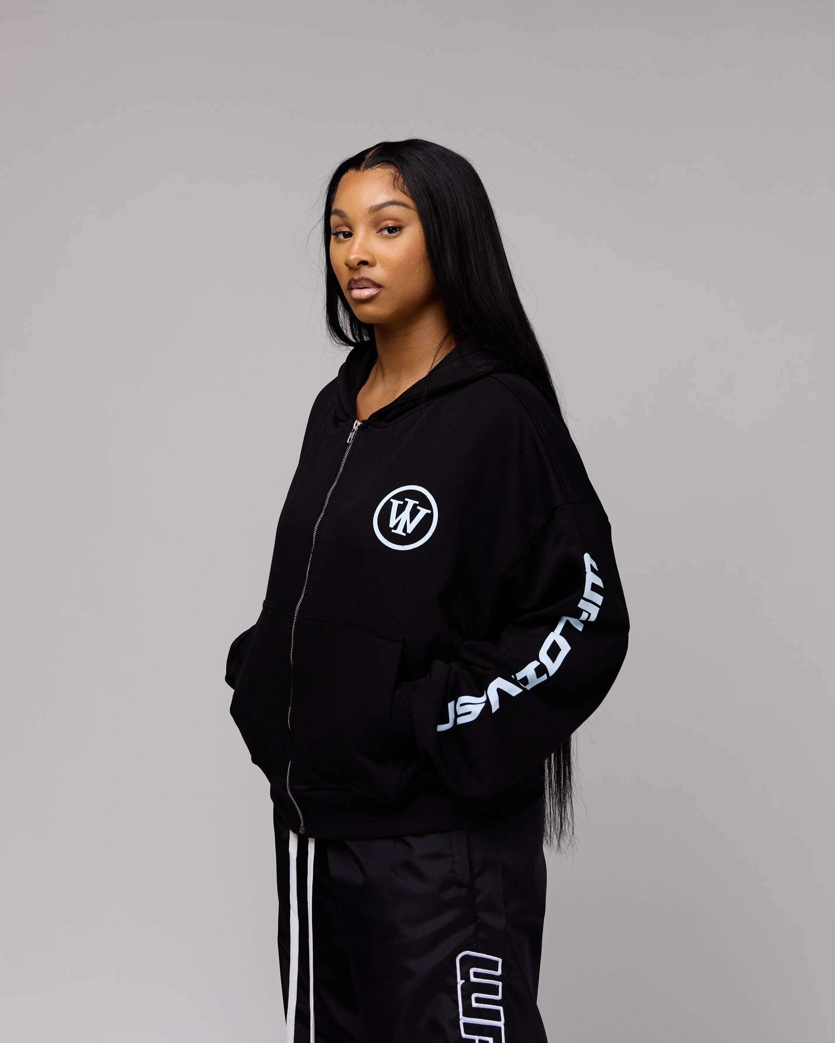 Retro Cropped Zip-Up Hoodie (Heather Black/White) [Boxy   Oversized]
