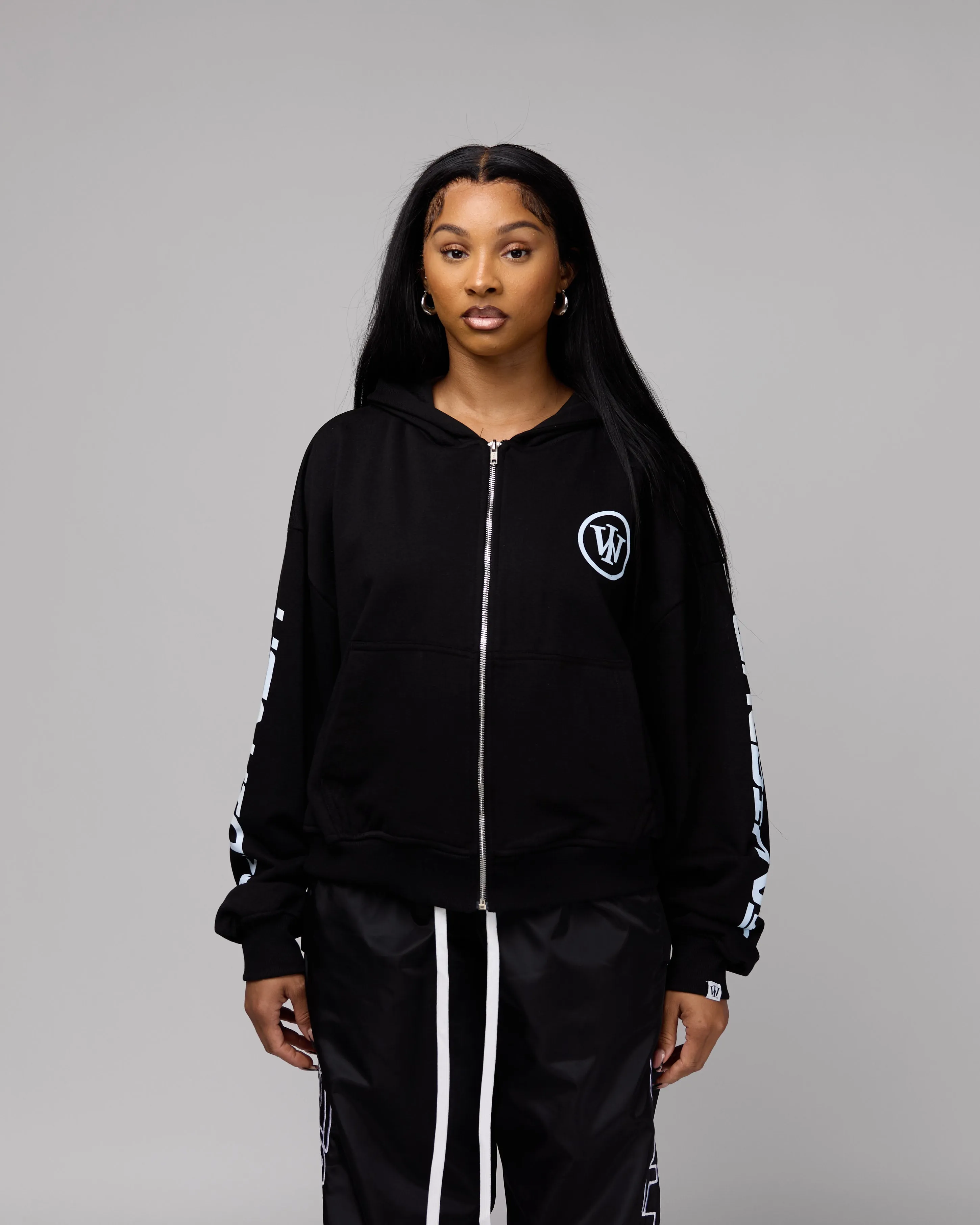 Retro Cropped Zip-Up Hoodie (Heather Black/White) [Boxy   Oversized]