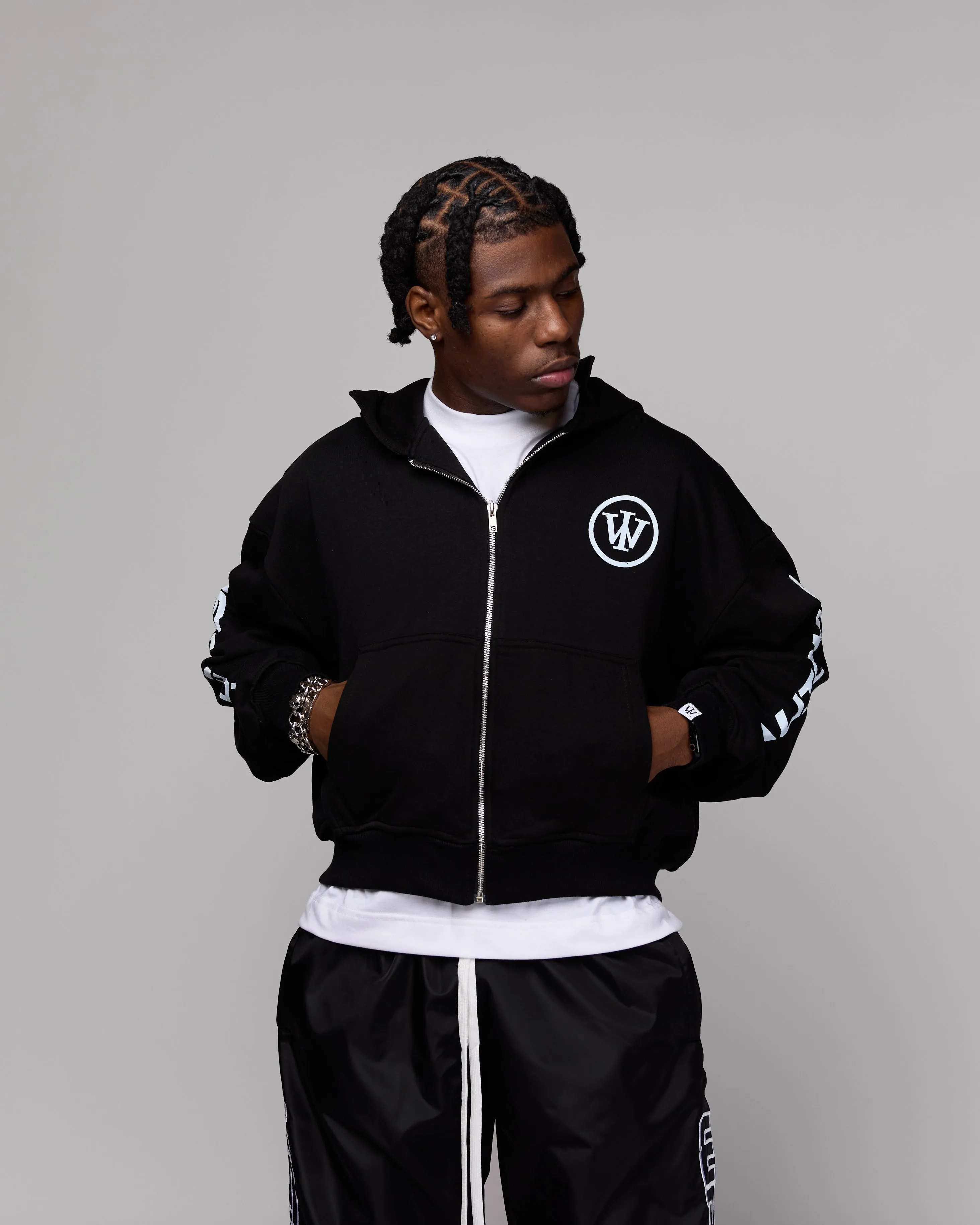 Retro Cropped Zip-Up Hoodie (Heather Black/White) [Boxy   Oversized]