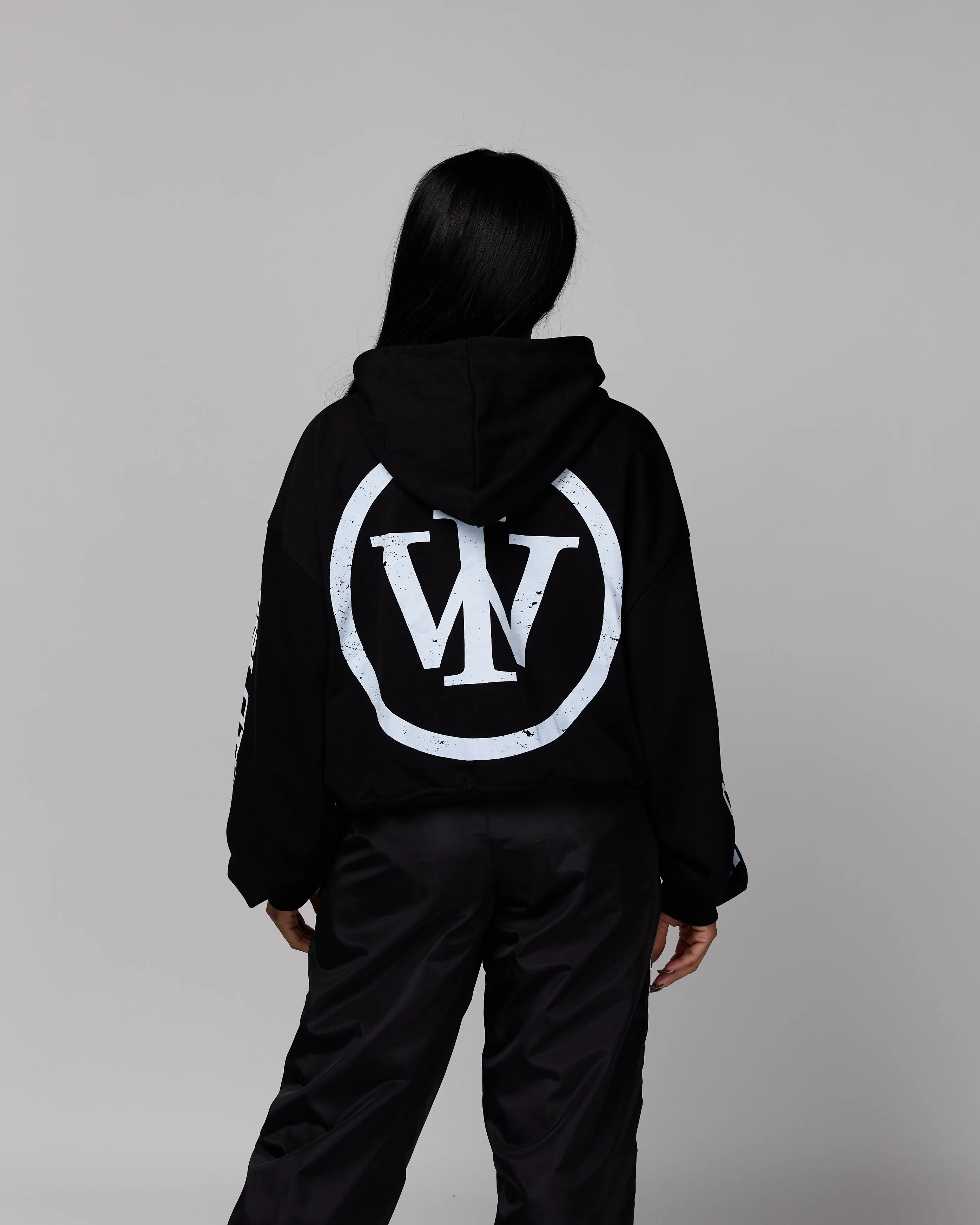 Retro Cropped Zip-Up Hoodie (Heather Black/White) [Boxy   Oversized]