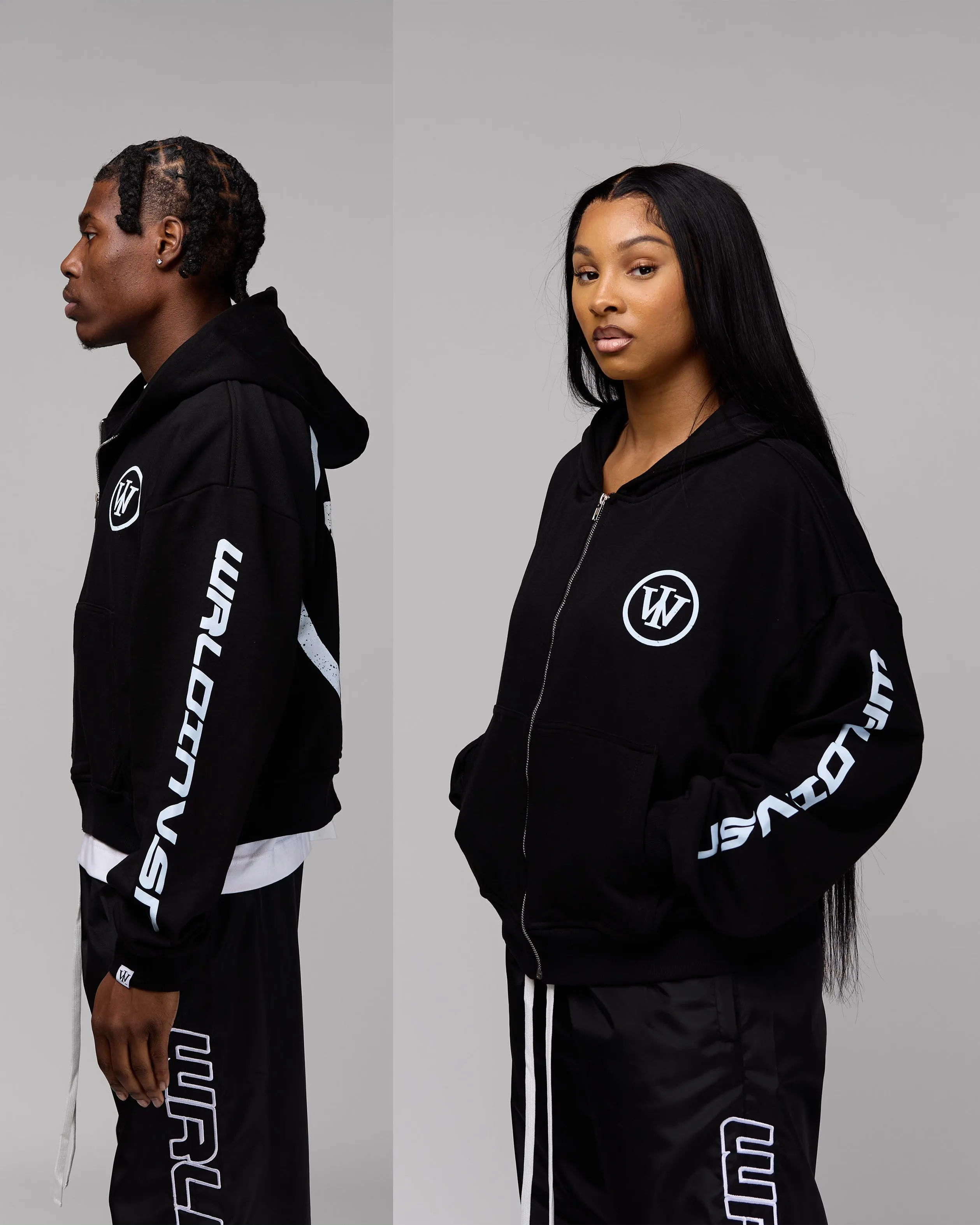 Retro Cropped Zip-Up Hoodie (Heather Black/White) [Boxy   Oversized]