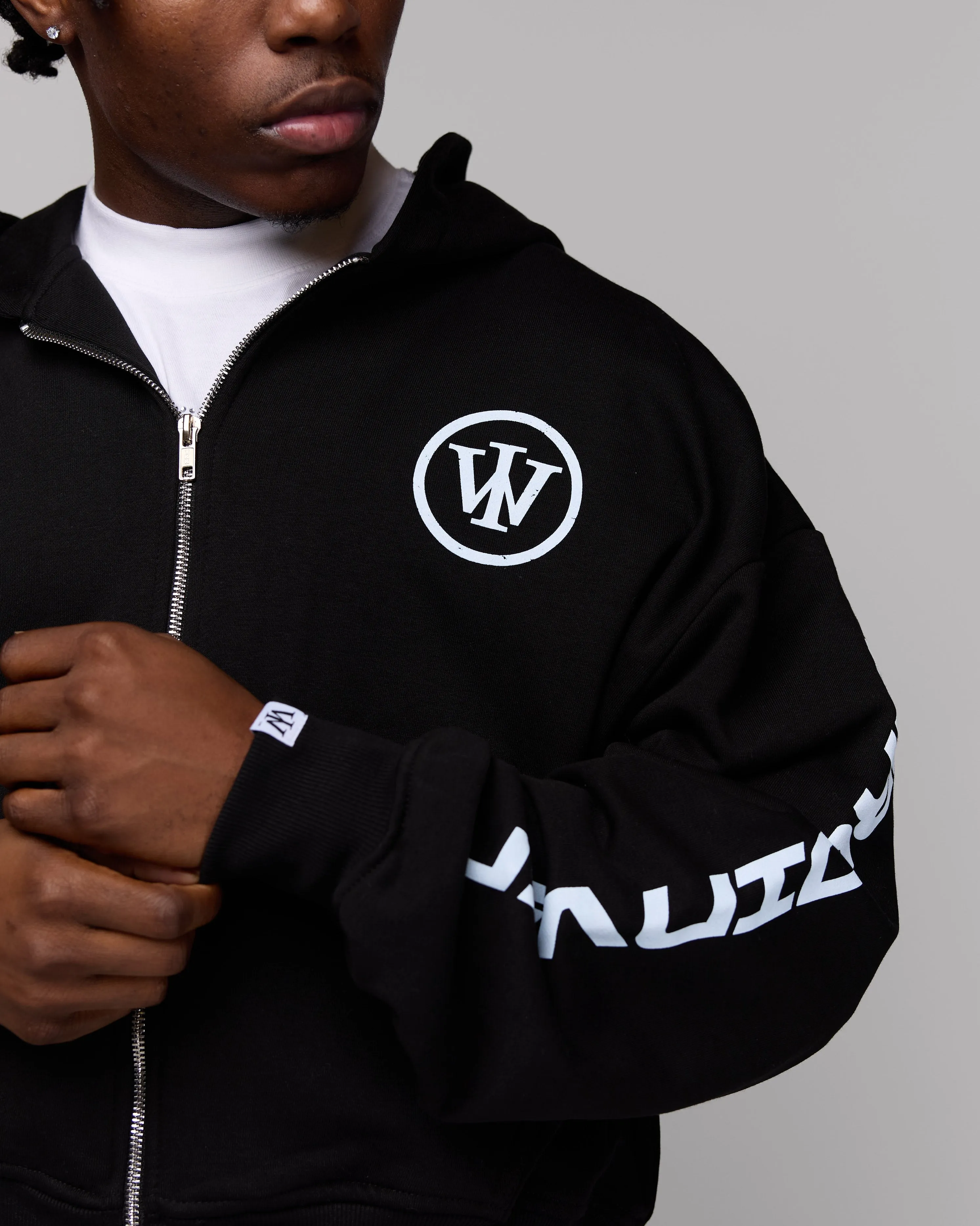 Retro Cropped Zip-Up Hoodie (Heather Black/White) [Boxy   Oversized]