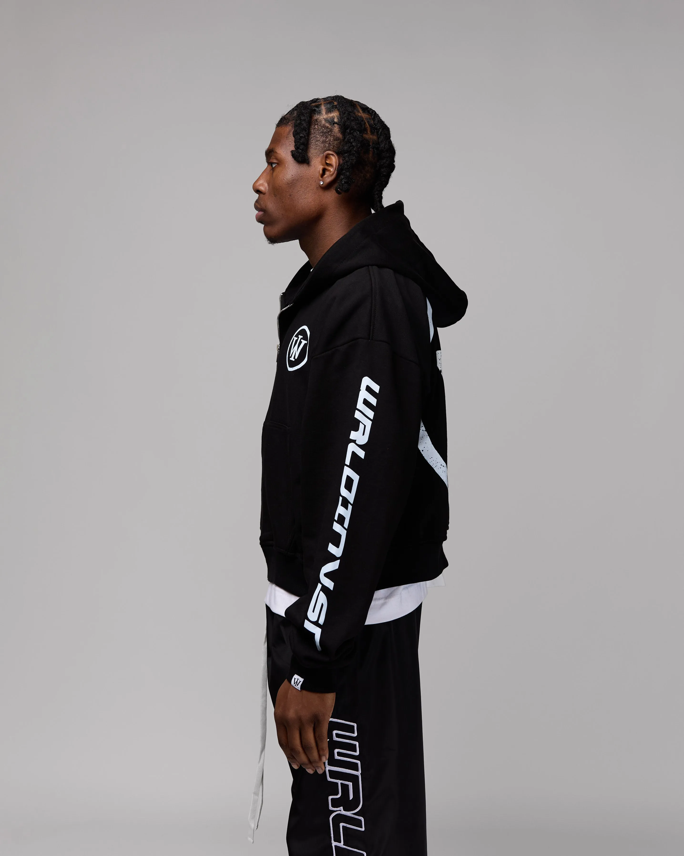Retro Cropped Zip-Up Hoodie (Heather Black/White) [Boxy   Oversized]
