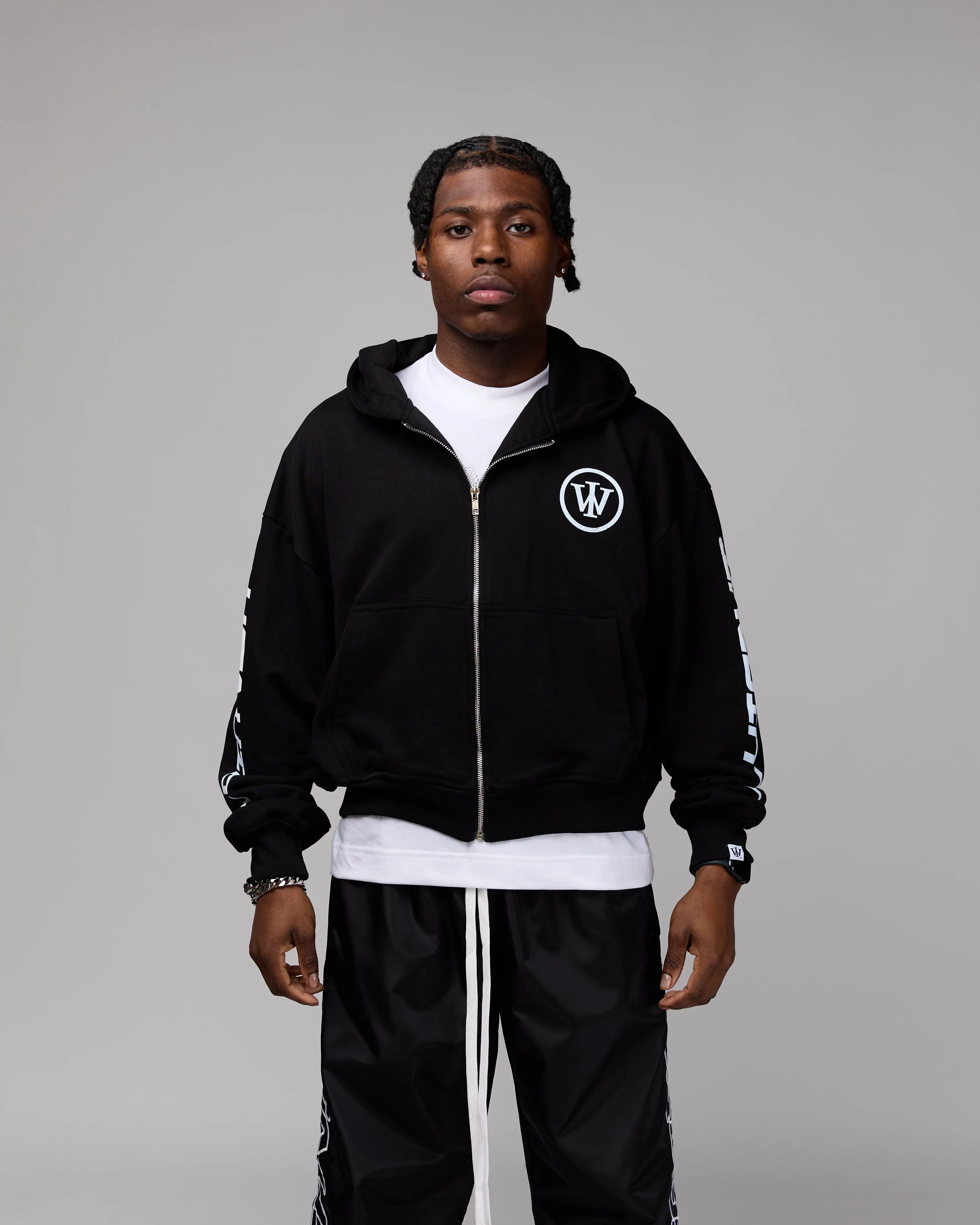 Retro Cropped Zip-Up Hoodie (Heather Black/White) [Boxy   Oversized]