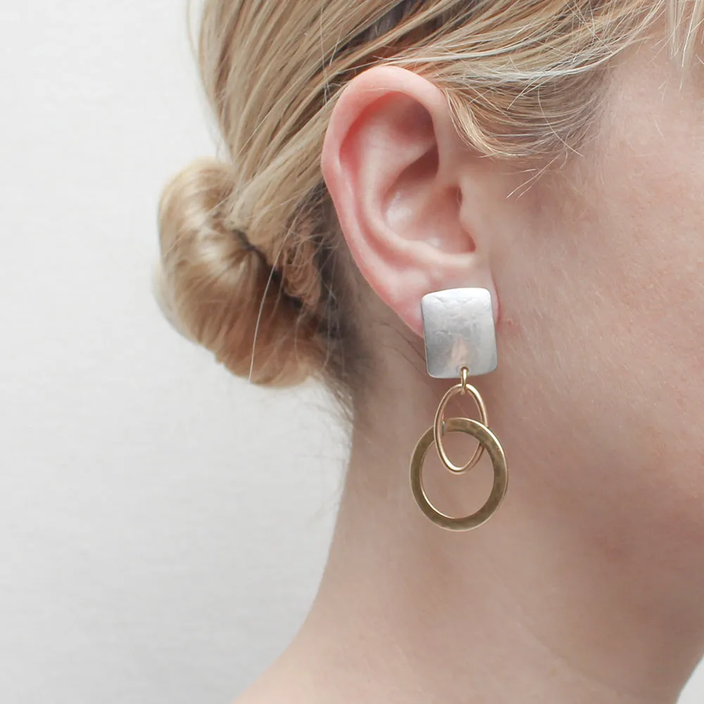 Rounded Rectangle with Oval Ring Interlocked with Wide Ring Post or Clip Earring