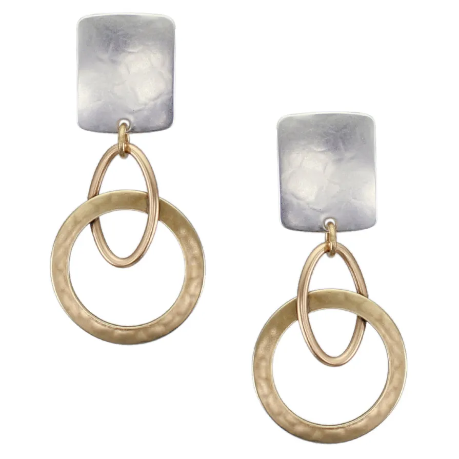 Rounded Rectangle with Oval Ring Interlocked with Wide Ring Post or Clip Earring