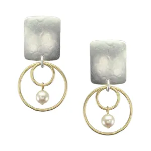 Rounded Rectangle with Small Wire Rings and Cream Pearl Clip or Post Earring