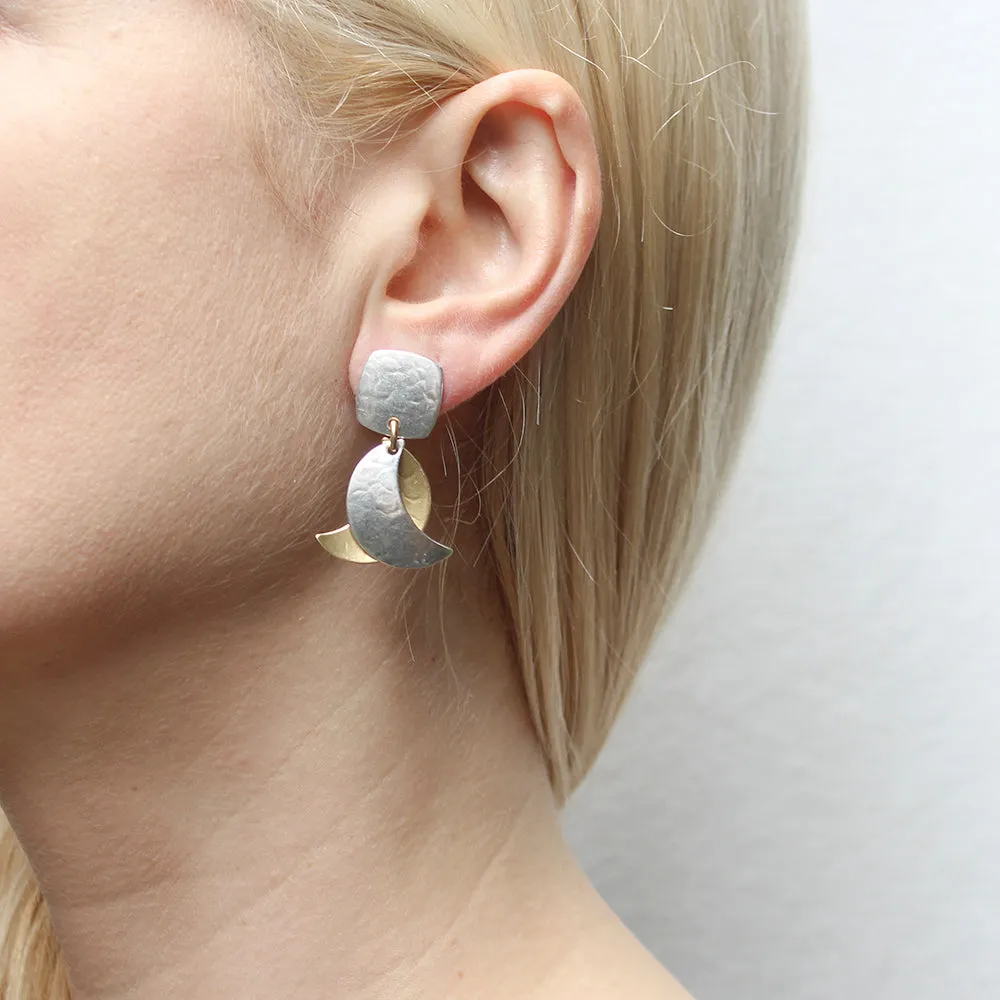 Rounded Square with Layered Crescents Clip or Post Earrings