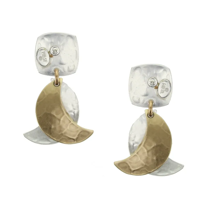 Rounded Square with Layered Crescents Clip or Post Earrings