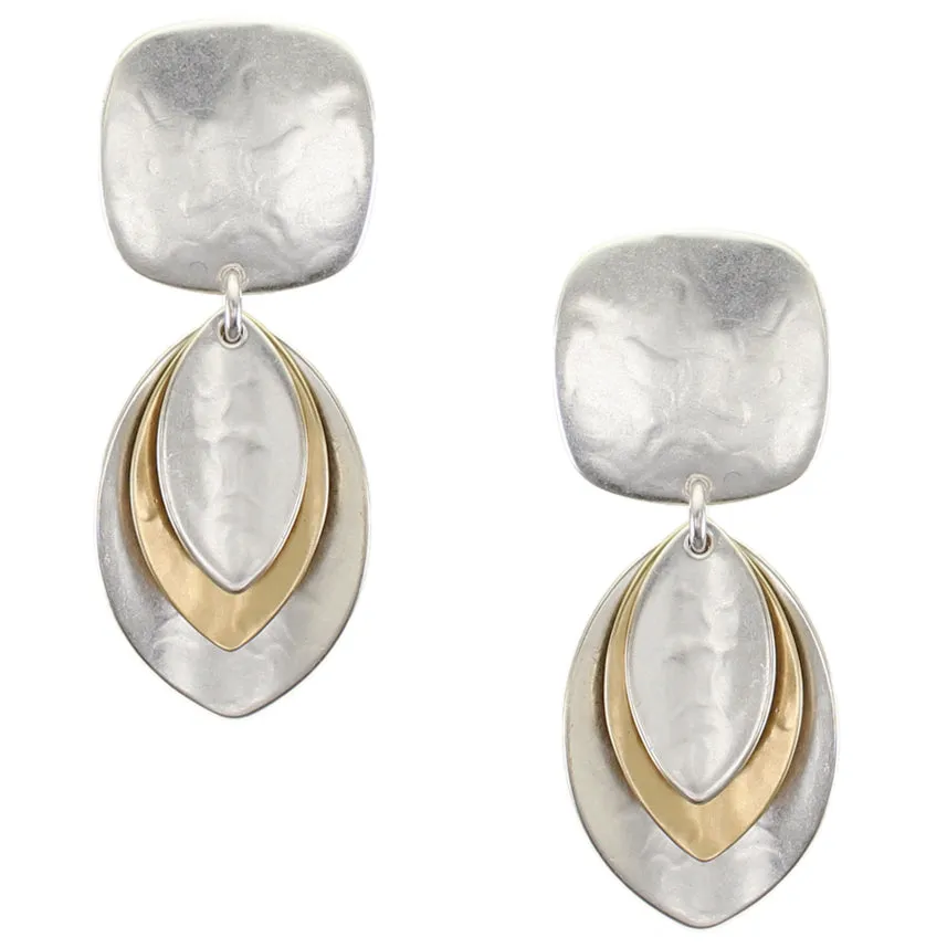 Rounded Square with Triple Layered Leaves Clip or Post Earrings